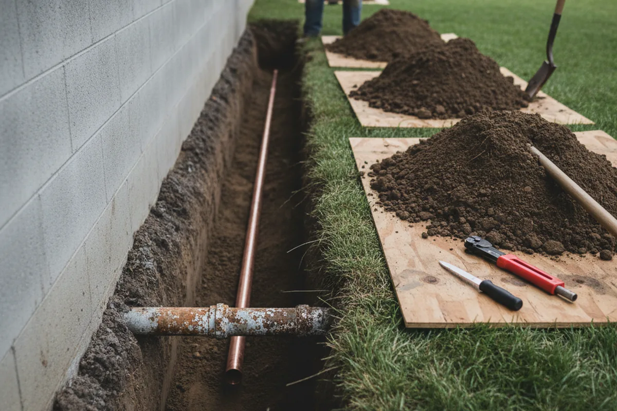 Excavated water line trench during Water Softener Installation in Grover